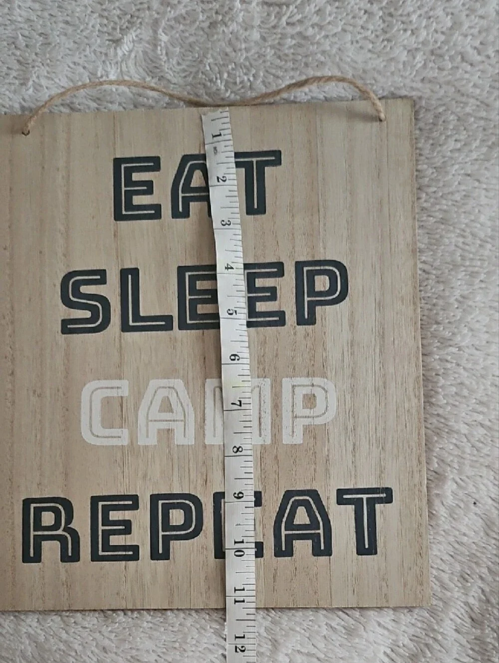Eat Sleep Camp Repeat Wooden Wall Sign - Natural with Black & White Text